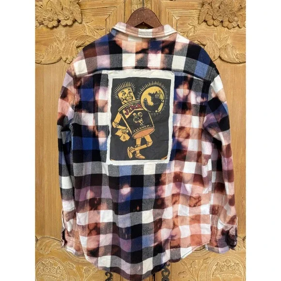 Distressed Upcycled Grunge Flannel Bleach Dye Jinx Patch Folk Art Shirt XL - Picture 4 of 7